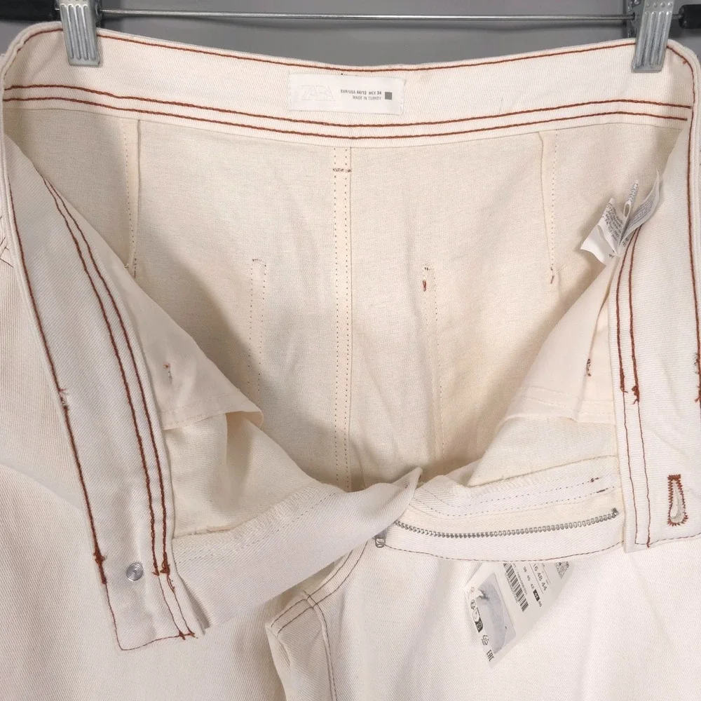 ZARA Women New Pants 44/12 Wide Leg Cotton Linen Contrast Stitching 7484/068/251